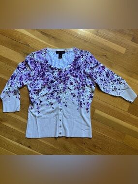 White House Black Market Purple Floral Button-Front Cardigan